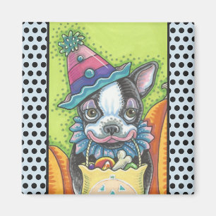 BOSTON TERRIER HALLOWEEN CLOWN, HUND MAGNET Quadra