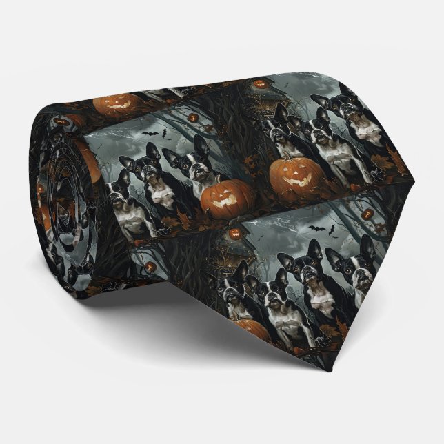Boston Terrier Halloween Night Doggy Delight Krawatte (Gerollt)