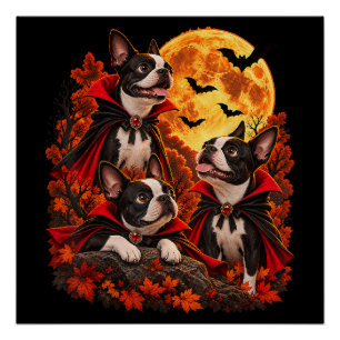 Boston Terrier Halloween Vampir-Hunde Gruselig Poster