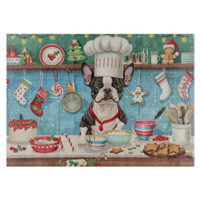Boston Terrier Holiday Baking: Festliche Weihnacht Schneidebrett (Vorderseite)