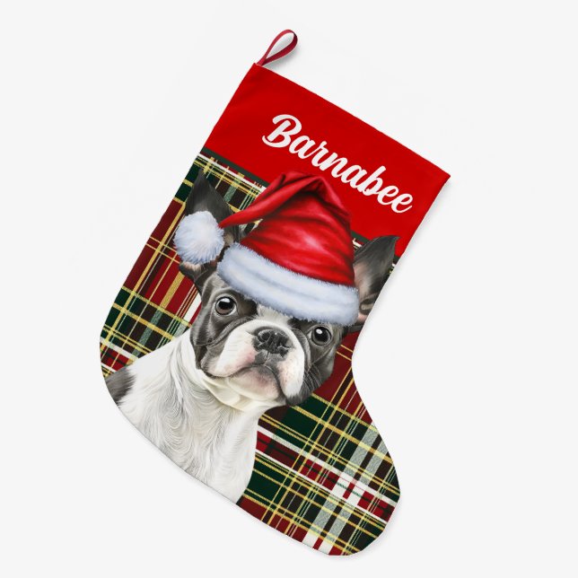 Boston Terrier Holiday Kariert und Hunde Name Großer Weihnachtsstrumpf (Vorderansicht (hängend))