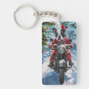 Boston Terrier Hund fährt Motorrad Weihnachten Schlüsselanhänger