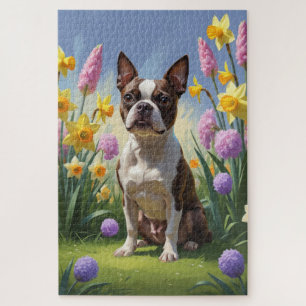 Boston Terrier Hund Frühlingsblumen Malerei
