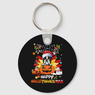 Boston Terrier Hund Halloween und Frohe Weihnachte Schlüsselanhänger