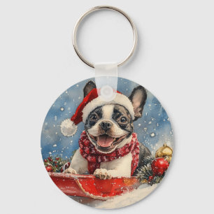 Boston Terrier Hund im Schlitten Lass es schneien Schlüsselanhänger