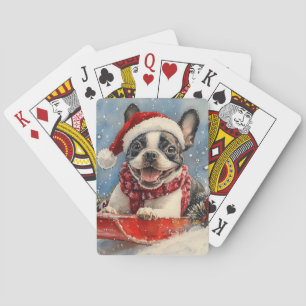 Boston Terrier Hund im Schlitten Lass es schneien  Spielkarten
