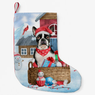Boston Terrier Hund im Schnee Weihnachtshaus für H Kleiner Weihnachtsstrumpf