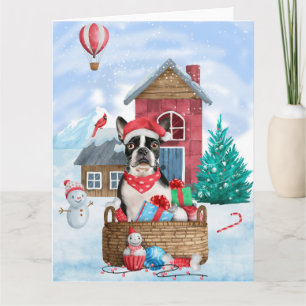 Boston Terrier Hund im Schnee Weihnachtshundehütte Karte