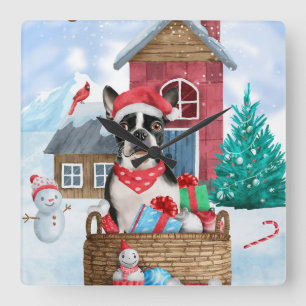 Boston Terrier Hund im Schnee Weihnachtshundhaus Quadratische Wanduhr