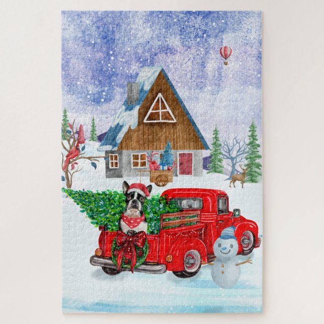 Boston Terrier Hund In Christmas Delivery Truck (Vertikal)