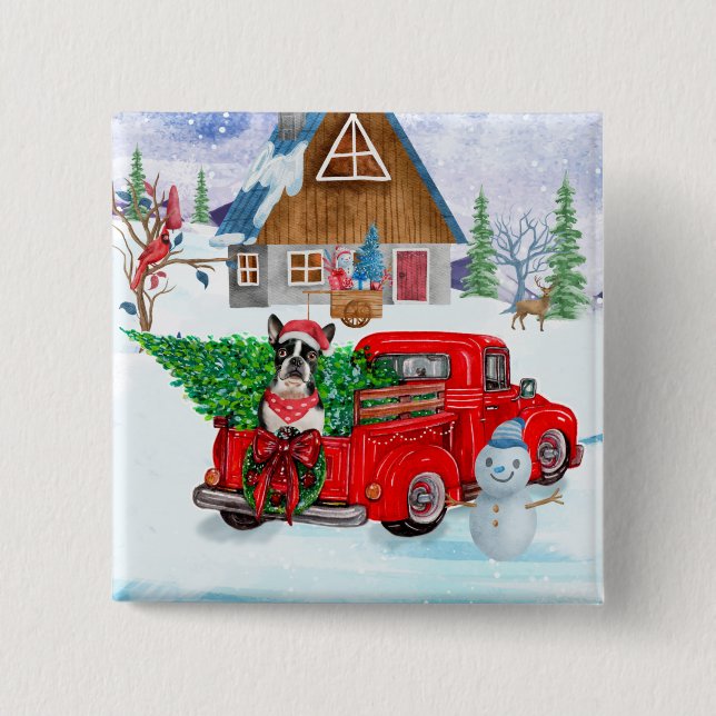 Boston Terrier Hund In Christmas Delivery Truck Button (Vorderseite)