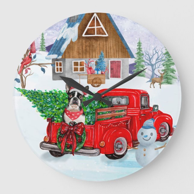 Boston Terrier Hund In Christmas Delivery Truck Große Wanduhr (Vorderseite)