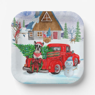 Boston Terrier Hund In Christmas Delivery Truck Pappteller
