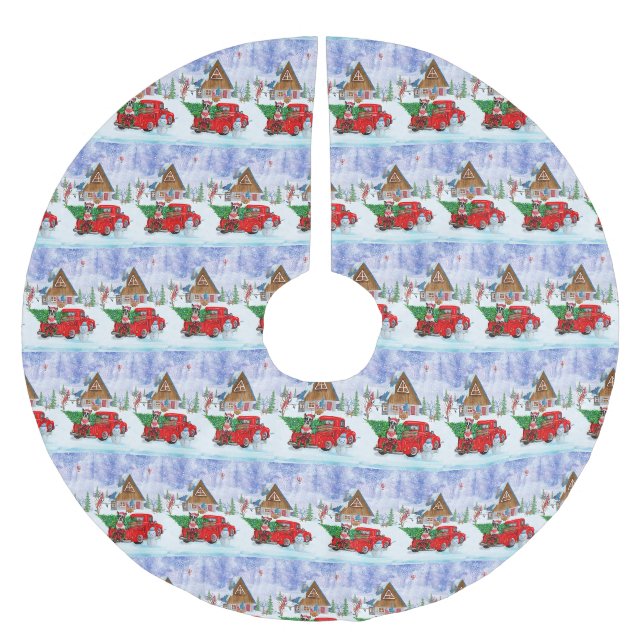 Boston Terrier Hund In Christmas Delivery Truck Polyester Weihnachtsbaumdecke (Vorderseite)
