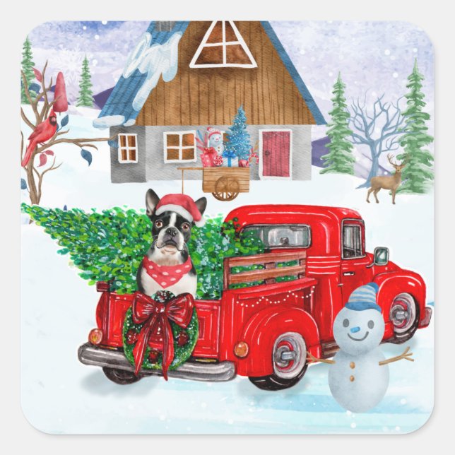 Boston Terrier Hund In Christmas Delivery Truck Quadratischer Aufkleber (Vorderseite)