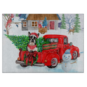 Boston Terrier Hund In Christmas Delivery Truck Schneidebrett