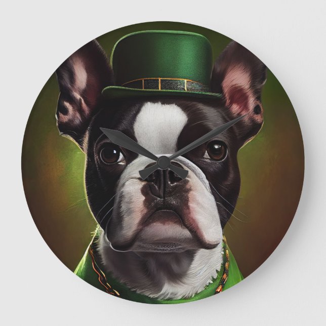 Boston Terrier Hund in St. Patrick's Day Dress Große Wanduhr (Vorderseite)