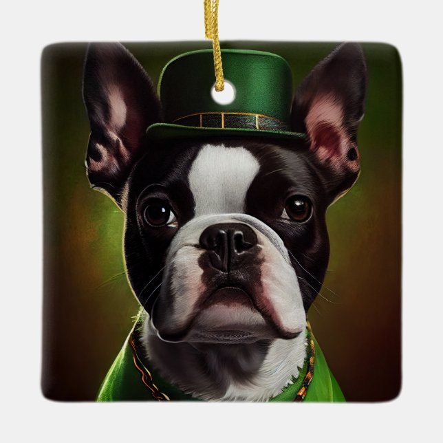 Boston Terrier Hund in St. Patrick's Day Dress Keramikornament (Vorderseite)