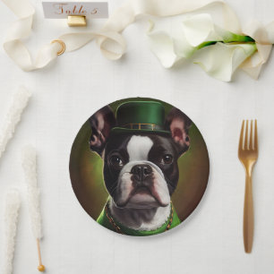 Boston Terrier Hund in St. Patrick's Day Dress Pappteller