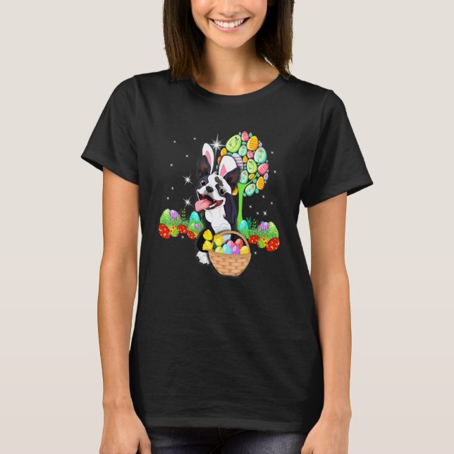 Boston Terrier Hund Jagd Ei Tree Bunny Oster D T-Shirt (Vorderseite)