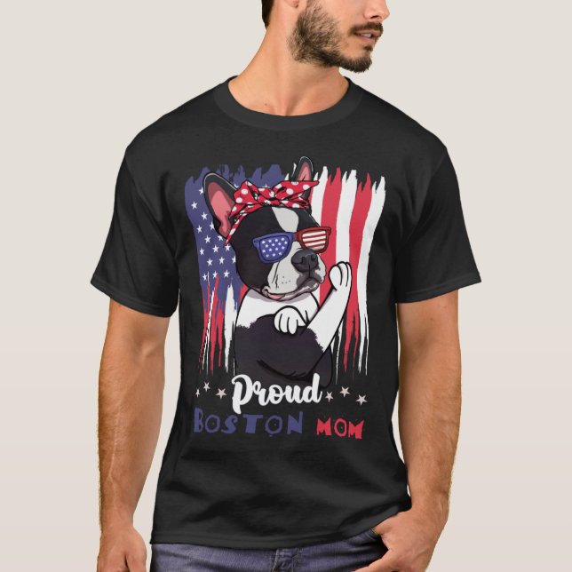 Boston Terrier Hund mit Sonnenbrille, amerikanisch T-Shirt (Vorderseite)