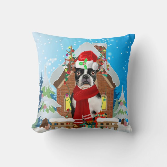 Boston Terrier Hund mit Weihnachtsgeschenken Kissen (Vorderseite)
