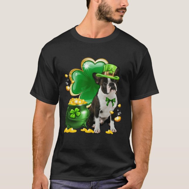 Boston Terrier Hund Shamrock Irischer Heiliger St. T-Shirt (Vorderseite)