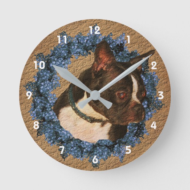 Boston Terrier Hund und Blume Kranz Runde Wanduhr (Vorderseite)