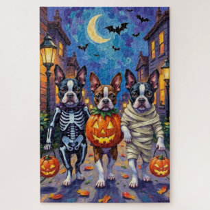 Boston Terrier Hunde beim Trick-or-Treat an Hallow