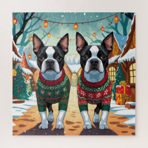 Boston Terrier Hunde Weihnachten Schnee Urlaub