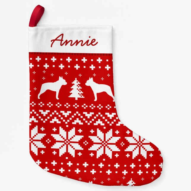 Boston-Terrier-HundeSilhouette-Muster-niedlicher Kleiner Weihnachtsstrumpf (Vorderseite)