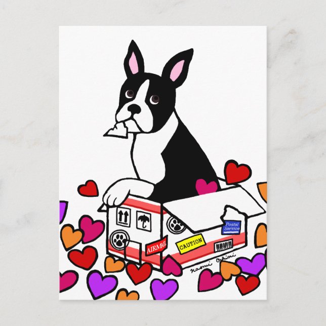 Boston Terrier im Box-Cartoon Postkarte (Vorderseite)