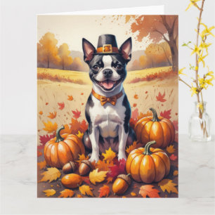 Boston Terrier im Herbst hinterlässt Erntedank Art Karte