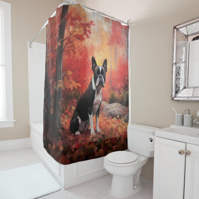 Boston Terrier im Herbst Leaves Fall Inspiriert Duschvorhang (Beispiel)