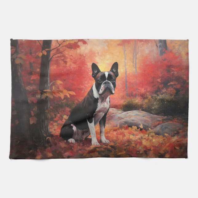 Boston Terrier im Herbst Leaves Fall Inspiriert Geschirrtuch (Horizontal)