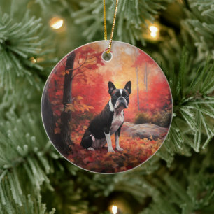 Boston Terrier im Herbstlaub Fall Inspiriert Keramik Ornament
