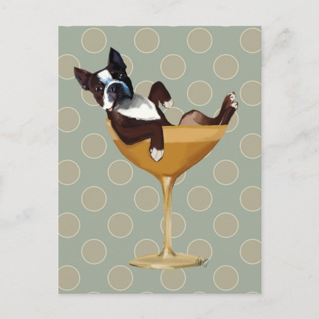 Boston Terrier in Cocktail Glass Postkarte (Vorderseite)