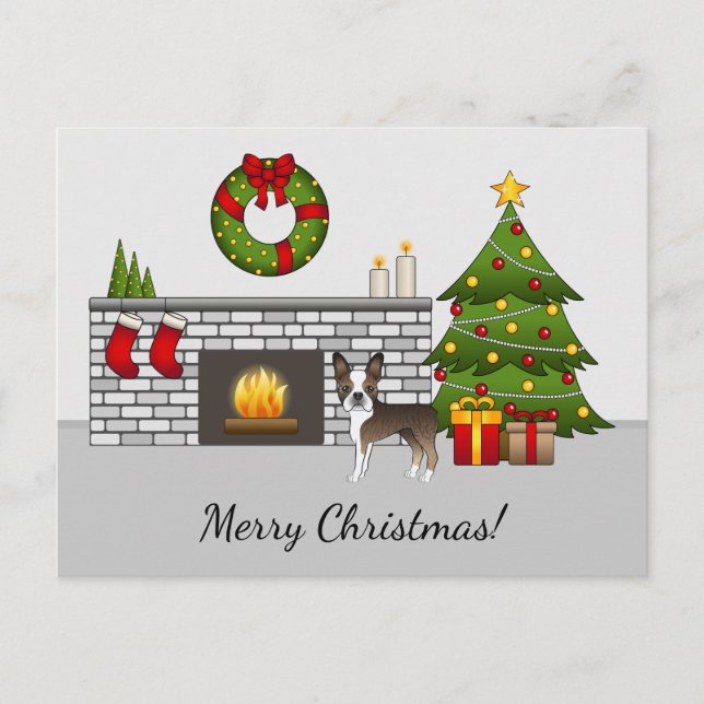 Boston Terrier in einem festlichen Weihnachtsraum Postkarte (Vorderseite)