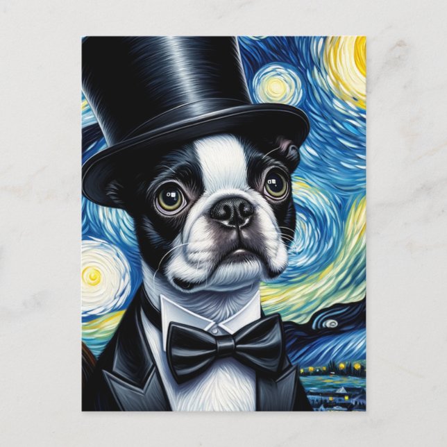 Boston Terrier in einem Tophat Van Gogh Postkarte (Vorderseite)
