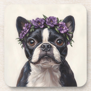 Boston Terrier in einer Lila Blume Getränkeuntersetzer