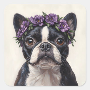 Boston Terrier in einer Lila Blume Quadratischer Aufkleber