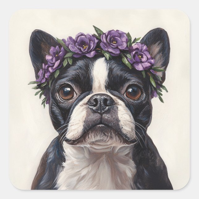 Boston Terrier in einer Lila Blume Quadratischer Aufkleber (Vorderseite)