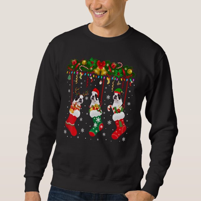 Boston Terrier in Sock Xmas Rentier Santa Elf Dog Sweatshirt (Vorderseite)
