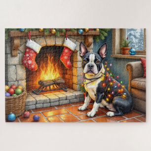 Boston Terrier Kamin mit Weihnachtslichtern