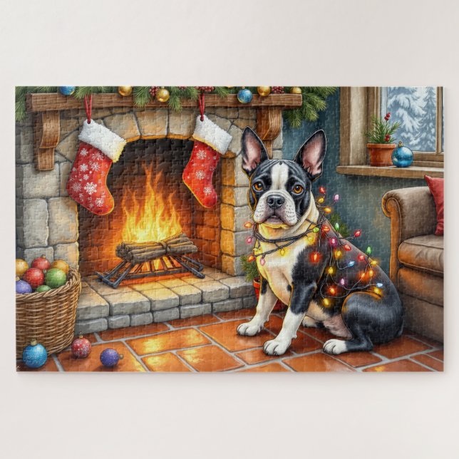 Boston Terrier Kamin mit Weihnachtslichtern (Horizontal)