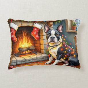 Boston Terrier Kamin mit Weihnachtslichtern Dekokissen