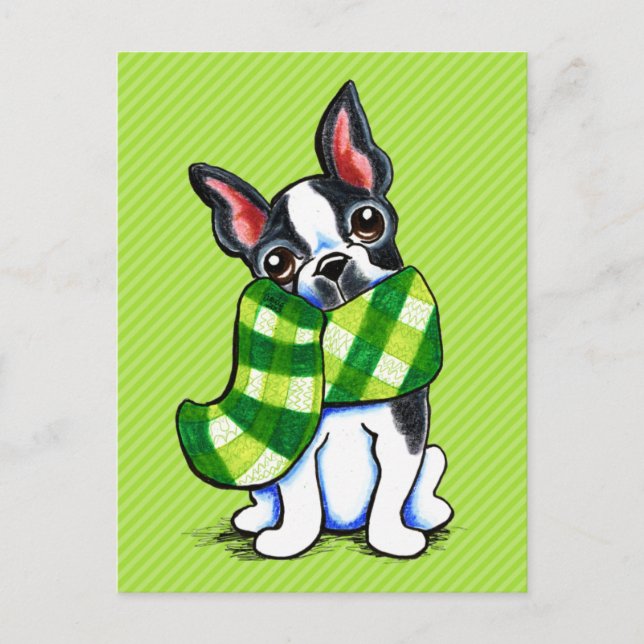 Boston Terrier Kariert Scarf Winter Postkarte (Vorderseite)