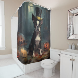 Boston Terrier Kürbisse Halloween Gruselig Duschvorhang