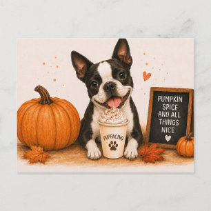 Boston Terrier lädt zu Pumpkin Spice Puppaccino ei Postkarte