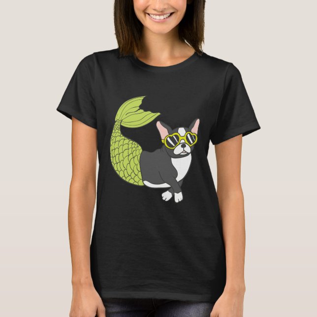 Boston Terrier Mermaid Merboston Too Cool For Scho T-Shirt (Vorderseite)